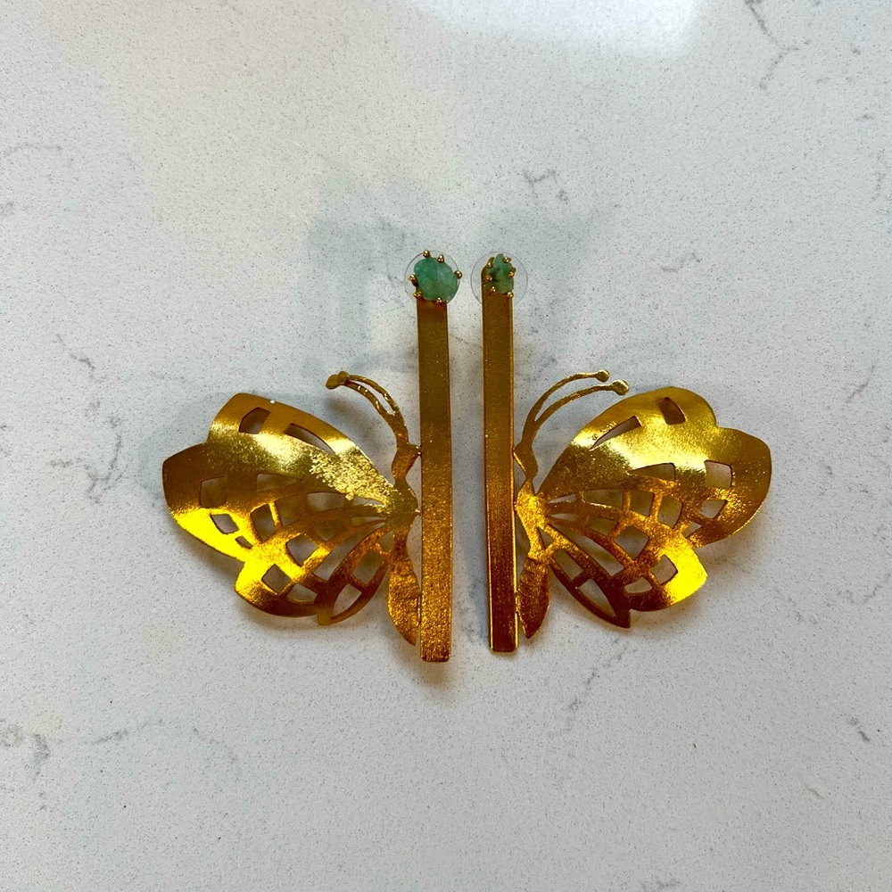Gold Butterfly Earrings with Emerald